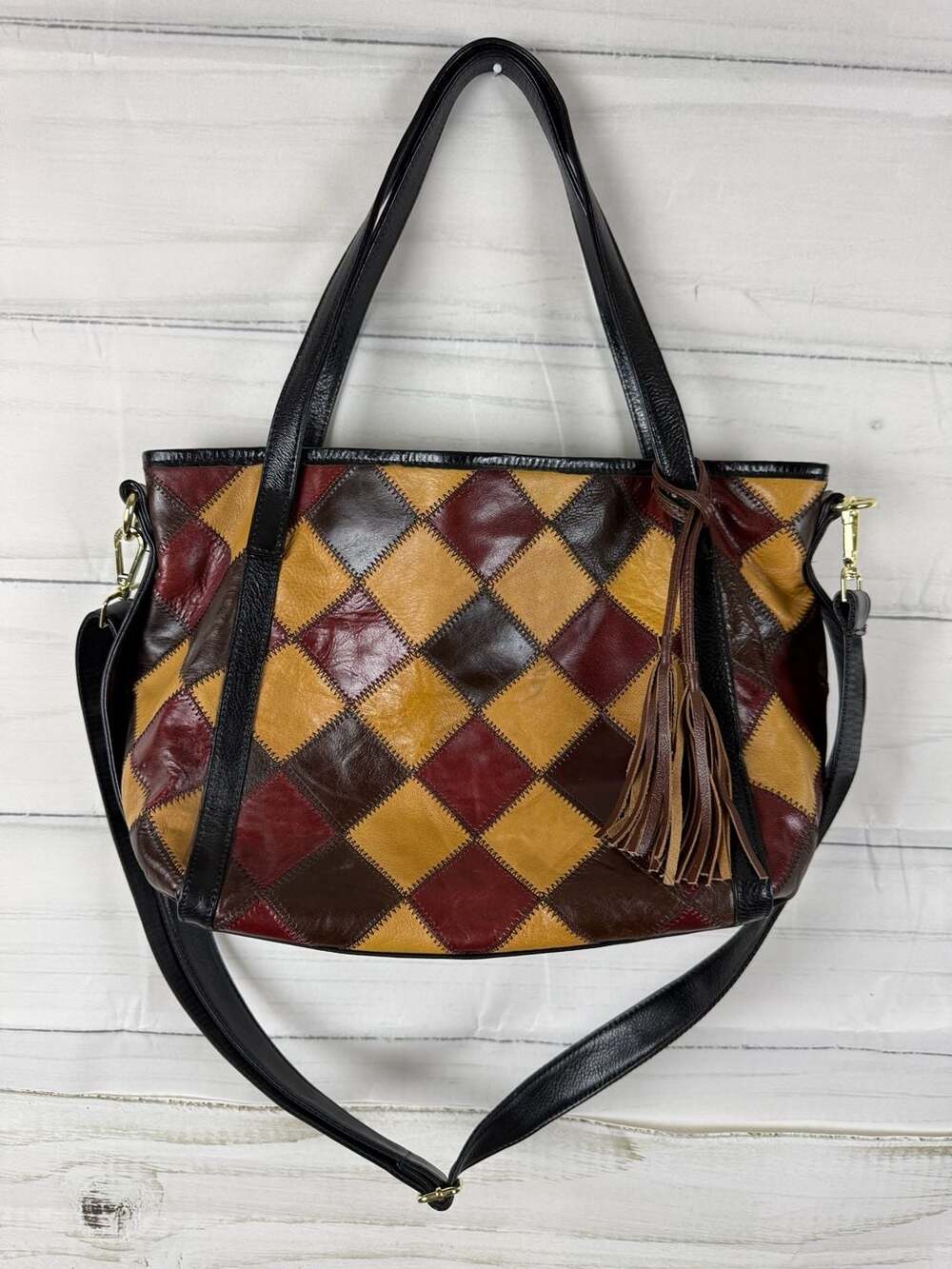 Cobbler Legend Authentic Leather Patchwork Shoulder Bag Tote Purse with Tassel